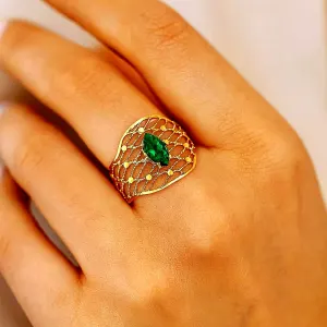 Inel din aur 14K filigranat cu piatră verde